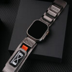 Refined Nylon Apple Watch Band with Matte Black Metal and Multi-Ring Design