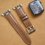 Dark Brown Full-Grain Calf Leather Apple Watch Band with saddle stitching