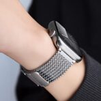 Side view of a premium silver Stainless Steel Mesh Apple Watch Band