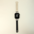 Elegant Black and Beige Diamond Leather Apple Watch Band with signature sparkling diamond-studded hardware.