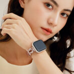 Woman wearing a luxury U-Shaped Diamond Full-Grain Leather Apple Watch Band