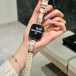 Full-Grain Leather Apple Watch Band with Irregular Diamond Metal