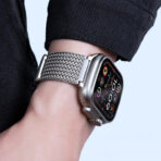 Silver Stainless Steel Mesh Apple Watch Band paired with an Apple Watch Ultra