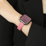 Modern Two-Tone Magnetic Apple Watch Band in vibrant pink, styled with a black blazer for a chic look.
