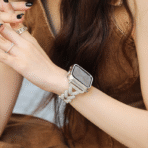 Elegant V-Shape Diamond-Studded Metal Apple Watch Band worn with luxury outfit