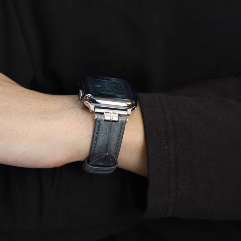 Grey Classic Full-Grain Calf Leather Apple Watch Band worn on wrist