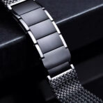Close-up of the link and mesh texture on a black Stainless Steel Apple Watch strap